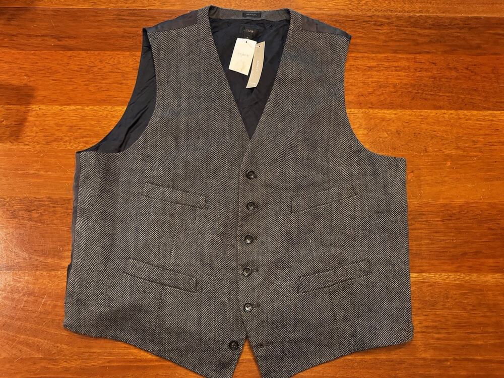 New J Crew Herringbone Vest Italian Cloth Waistcoat Wool Suit Old Money XL Gray
